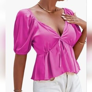 NWOT Sexy Low Cut Peplum Stretch Satin Pink Blouse Shirt Short Puffy Sleeves L